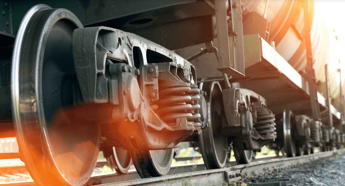 Railroad freight train wheel assembly on track